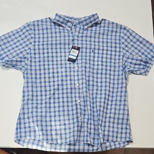 Izod 🐊 Men's Blue Check Short-Sleeve Button-Down Shirt Sz Xl